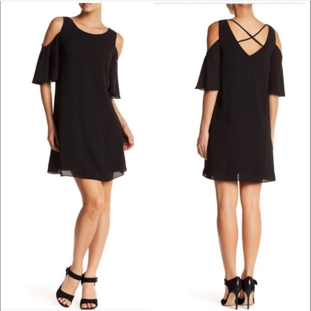 Chelsea 28 Black Flowy A Line Mini Dress Sheer Overlay Flared Sleeves Size S